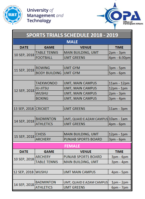 UMT Sports Trials Schedule 2018